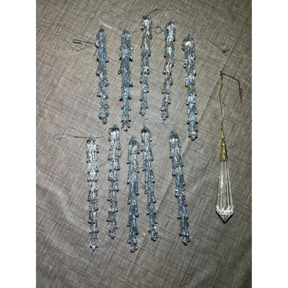 Vintage Iridescent Glitter Icicle Ornaments and Glass Prism Set 11 Piece Clear